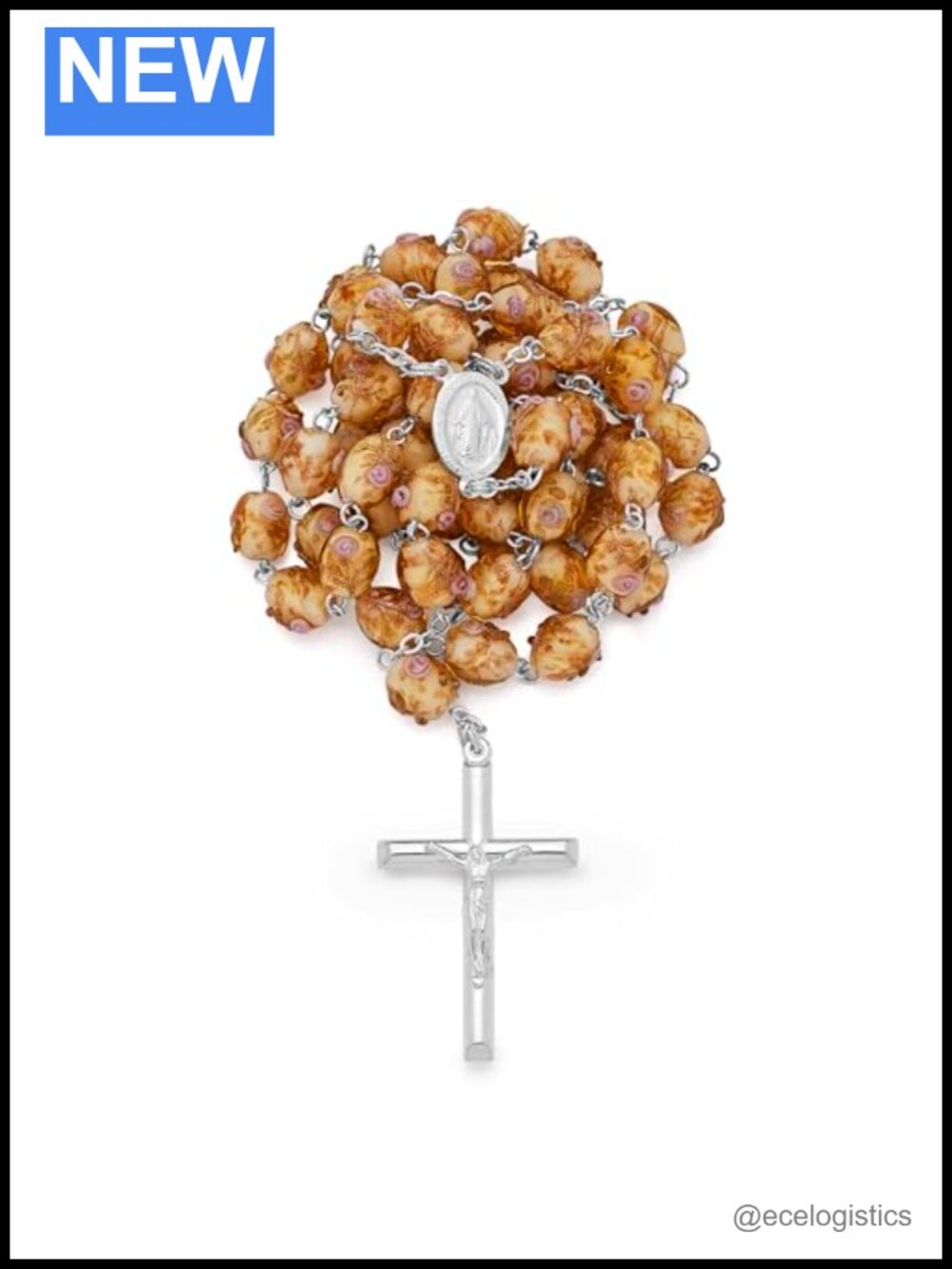 Sterling Silver Rosary Beads Necklace Miraculous Virgin Mary Relief Roses